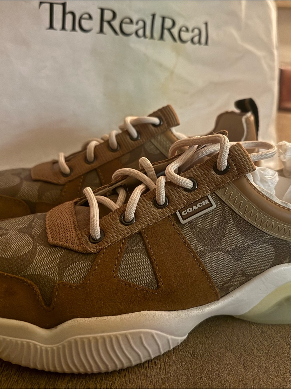 Coach Kids Brown and Cream Signature Logo Sneakers